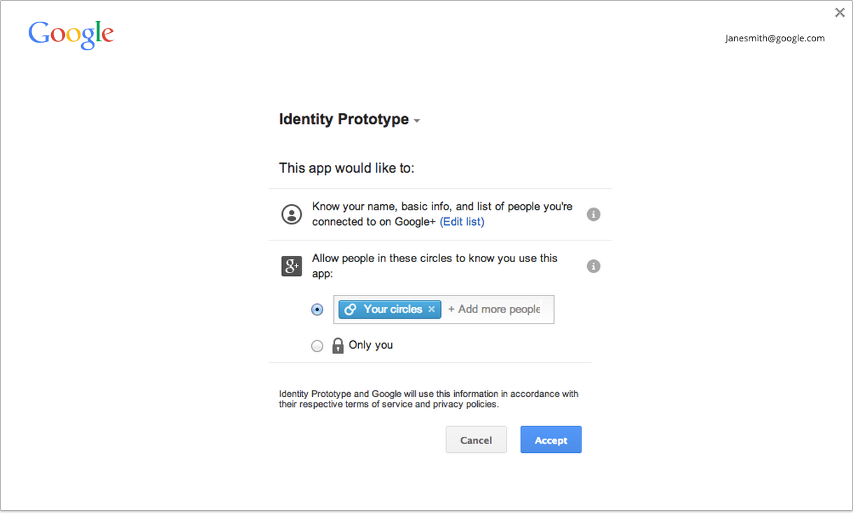 screenshot showing UI when an app uses the Identity API
     to authenticate a Google account