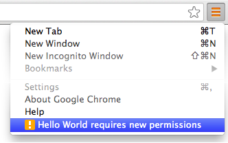 Warning text: 'The newest version of the extension Hello World requires more permissions, so it has been disabled. [Re-enable].'