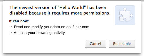 Permission warning: 'It can: Read and modify your data on api.flickr.com; Access your browsing activity'